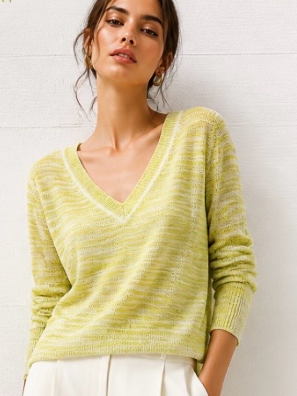 Anthropologie MOTH Sweater Striped V Neck Pullover Mesh Cotton Lightweight Green